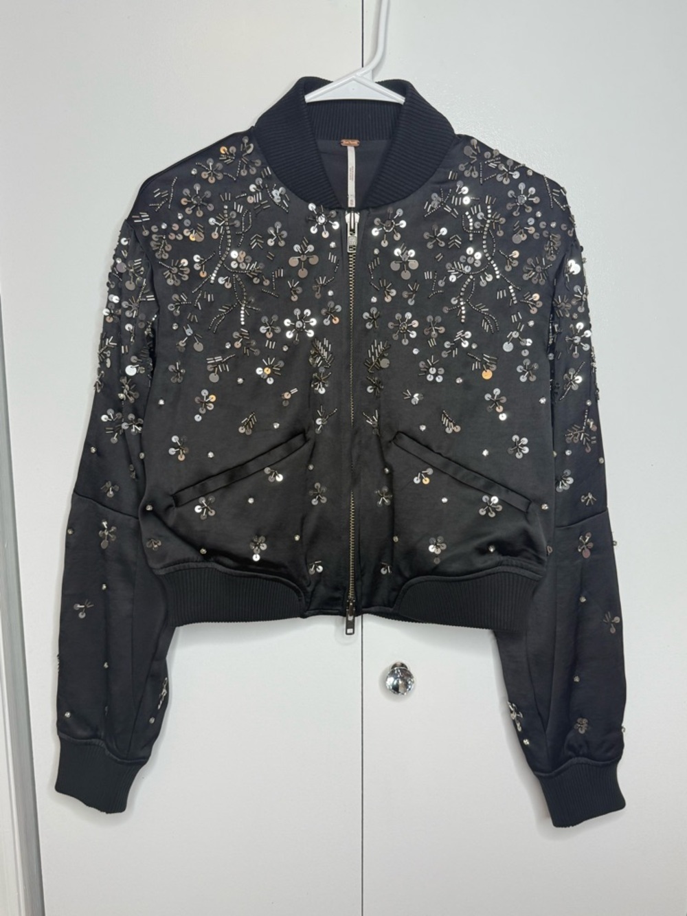 Free People Stassi Embellished Bomber jacket Black Silver Beaded Sequins XS NWT - Picture 3 of 11